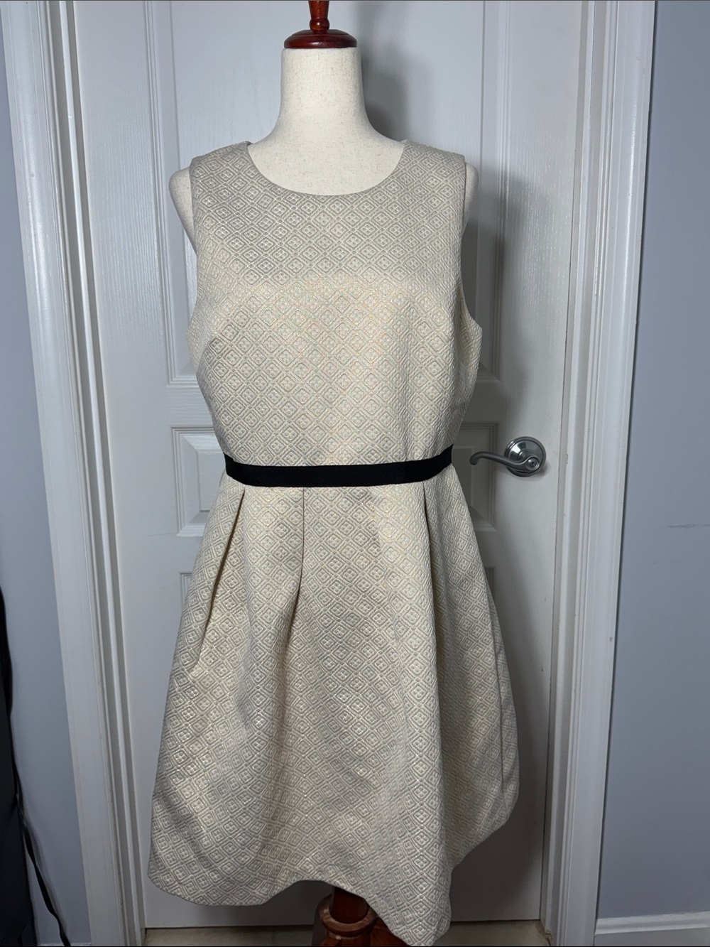 Sleeveless Wendy Bird Cream and gold brocade Dress with Black Waistband